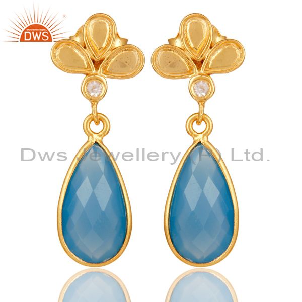 18K Gold Plated Blue Chalcedony and White Topaz Sterling Silver Dangle Earring