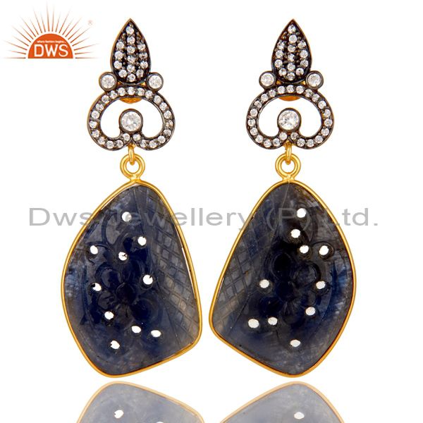 22K Gold Plated Sterling Silver Blue Sapphire Carving Dangle Earrings With CZ