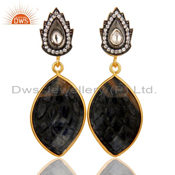 18k Gold Plated Sterling Silver Blue Sapphire Carving Drop Earrings With CZ