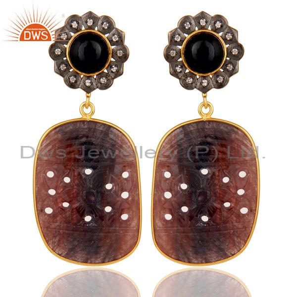 Black Onyx and Sapphire Carving 18K Gold Plated Sterling Silver Lovely Earring