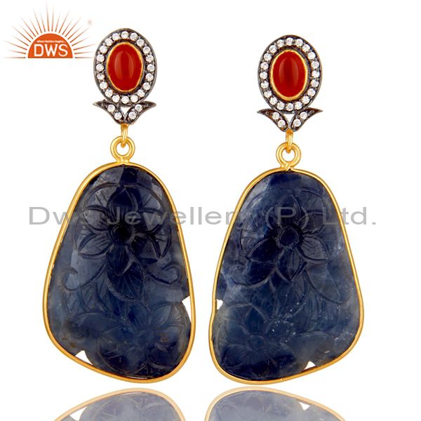 Carved Blue Sapphire And Red Onyx 22K Gold Over Sterling Silver Dangle Earrings