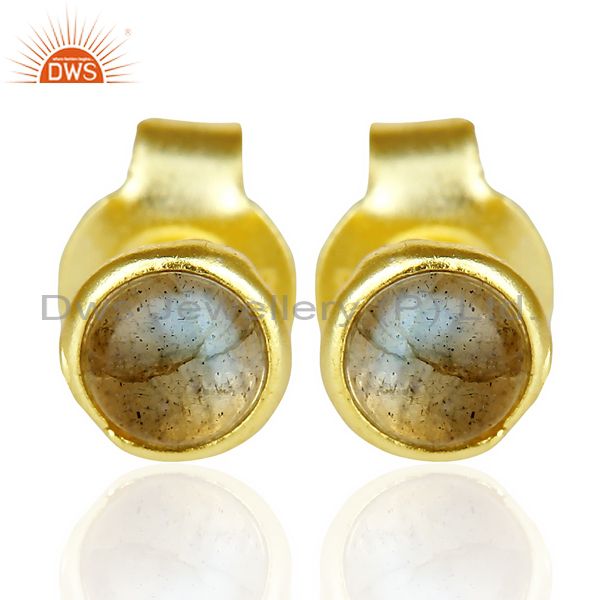 Natual Labrodorite Cabochon Tiny 4MM Round Stud 14 K Gold Plated Earring