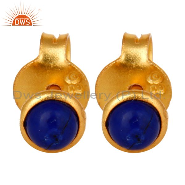 18K Yellow Gold Plated Sterling Silver 4mm Round Lapis Lazuli Stud Earrings