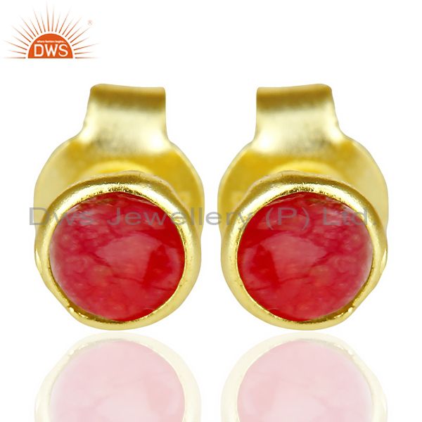 Natual Red Aventurine Cabochon Tiny 4MM Round Stud 14 K Gold Plated Earring