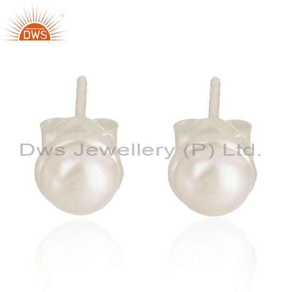92.5 Sterling Fine Silver Natural Pearl Round Stud Earrings Manufacturer India