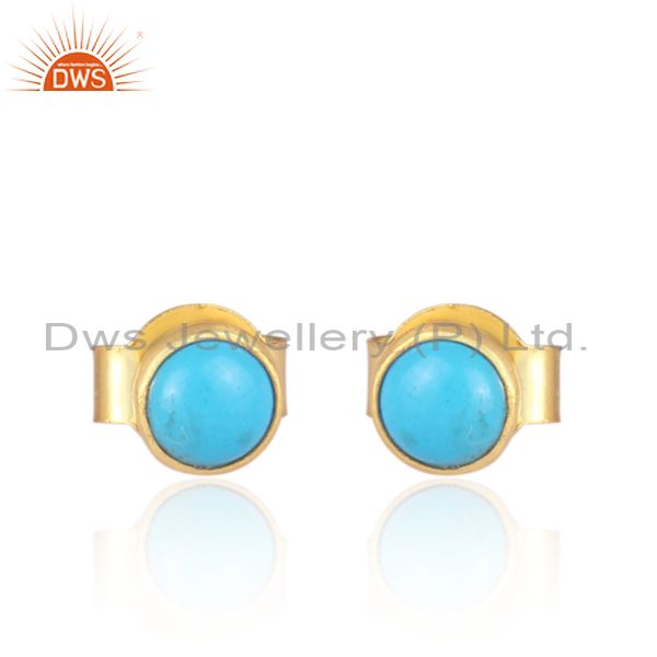 Turquoise Set Gold On Sterling Silver Round Stud Earrings