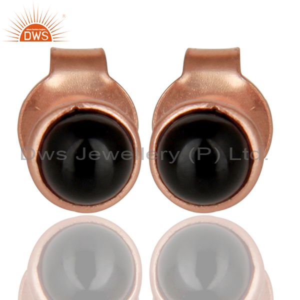 18K Rose Gold Plated 925 Sterling Silver 4mm Round Black Onyx Studs Earrings