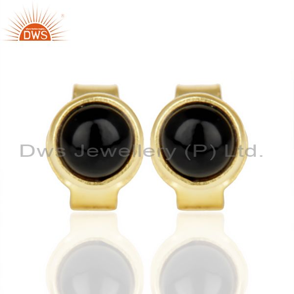 Black ONyx Cabochon Tiny 4MM Round Stud 14 K Gold Plated Earring