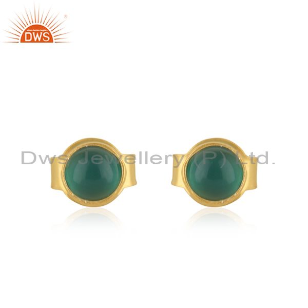 18K Yellow Gold Plated Sterling Silver 4mm Round Green Onyx Stud Earrings