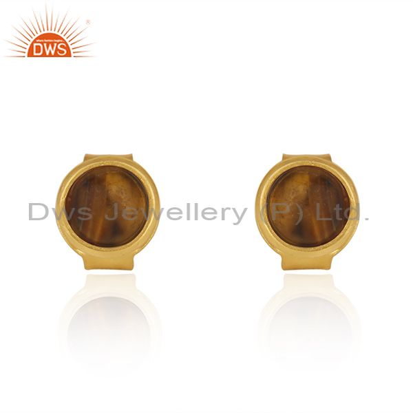Tiger Eye Gemstone Gold Plated 925 Silver Round Stud Earring Wholesale