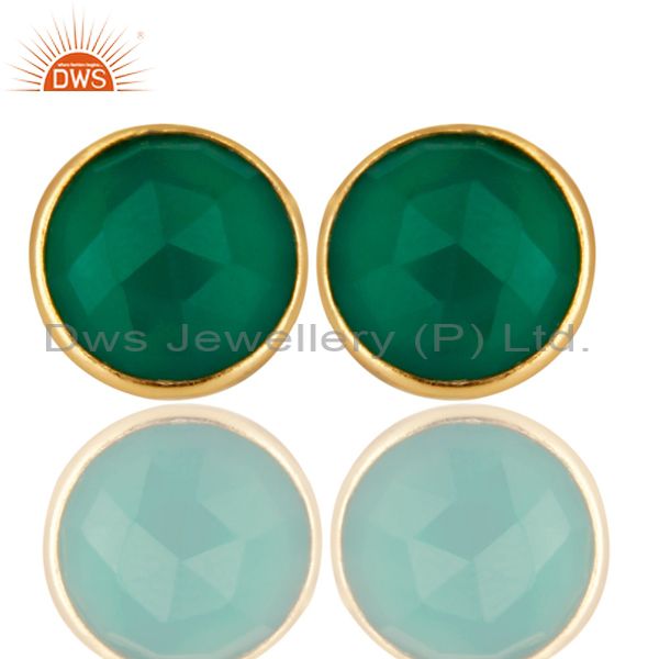 14K Yellow Gold Plated 925 Sterling Silver Green Onyx Gemstone Studs Earrings