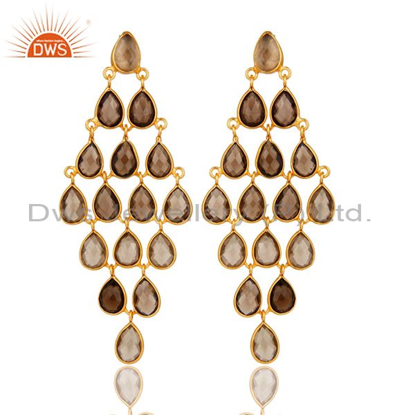 Smoky Quartz Gemstone Sterling Silver Chandelier Earrings With Gold Plated
