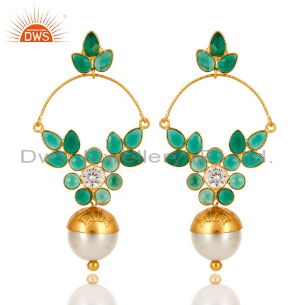 14K Gold Plated Sterling Silver Pearl And Green Onyx Designer Earrings With CZ