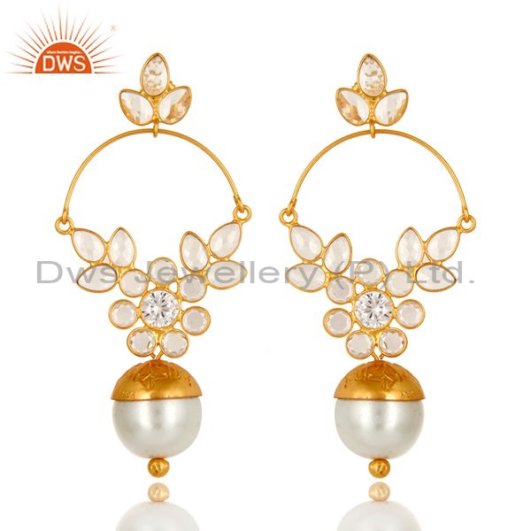 14K Yellow Gold Plated Sterling Silver Pearl And Cubic Zirconia Designer Earring