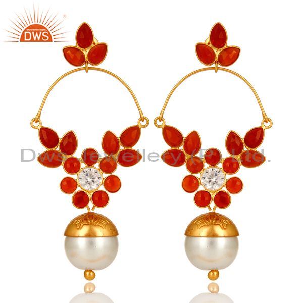 14K Yellow Gold Plated Sterling Silver Pearl & Red Onyx Dangle Earrings With CZ