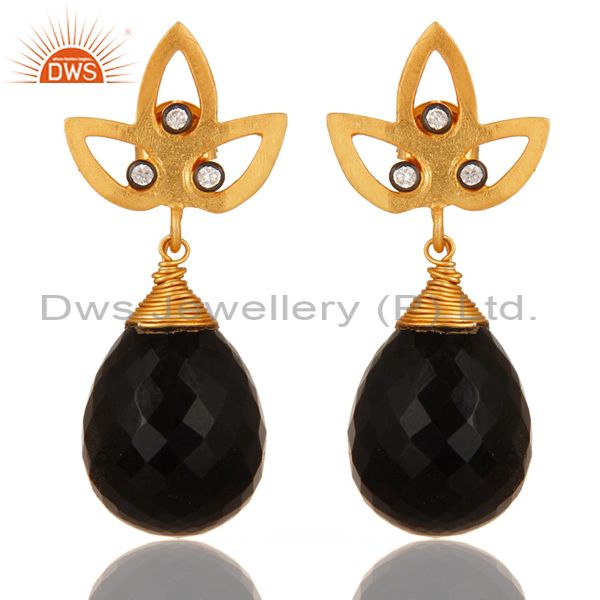 24K Yellow Gold Plated Sterling Silver Black Onyx Gemstone Drop Earrings With CZ