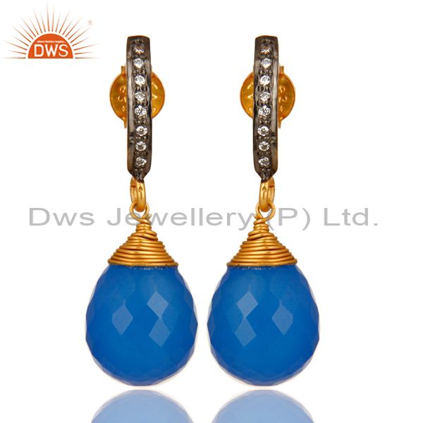 14K Yellow Gold Plated Sterling Silver Blue Chalcedony Drop Earrings With CZ