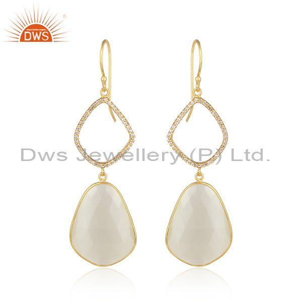 18K Gold Plated Sterling Silver White Moonstone Bezel Set Dangle Earring With CZ