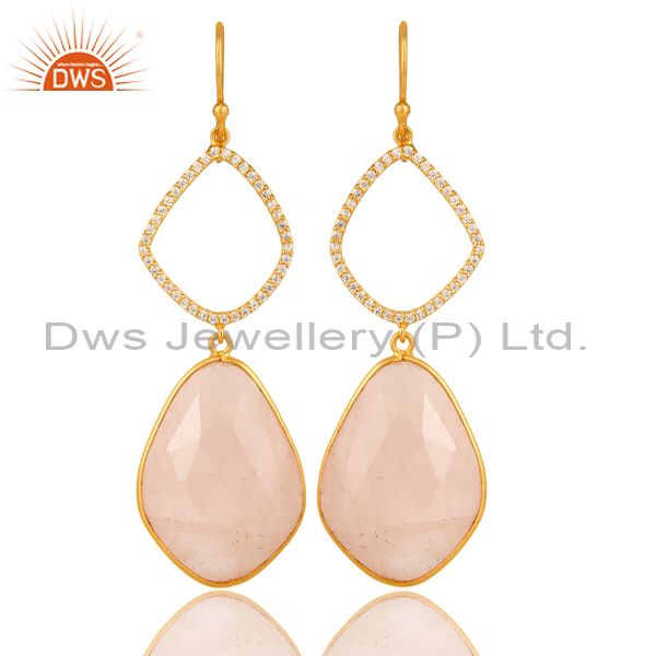 18K Yellow Gold Plated Sterling Silver Rose Quartz And CZ Dangle Earrings