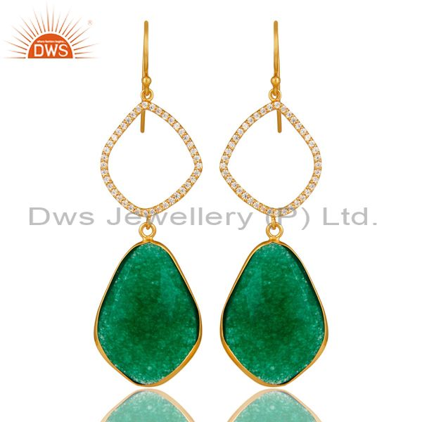 18K Yellow Gold Plated Sterling Silver Green Onyx Bezel Dangle Earrings With CZ