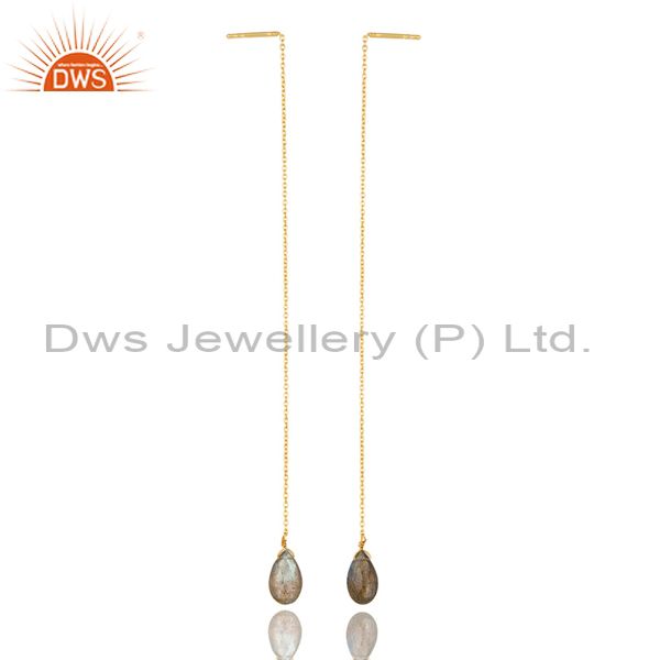 Labrodorite Long Chain Thread Earring Gold  Plated  Sterling Silver Jewelry
