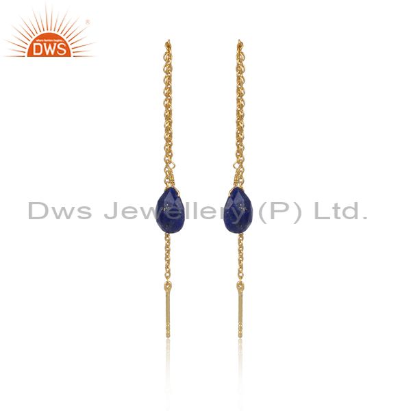 Lapis Long Chain Thread Earring Gold Plated Sterling Silver Jewelry