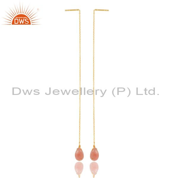 Pink Opal Long Chain Thread Earring Gold  Plated  Sterling Silver Jewelry