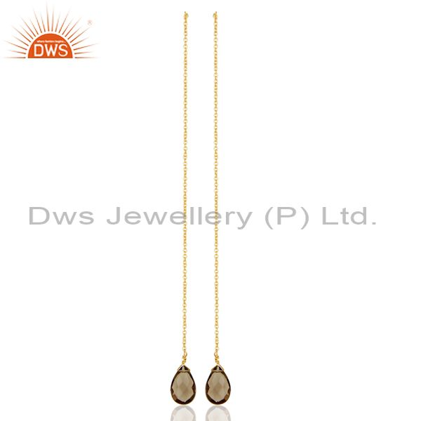 Smoky Topaz Long Chain Thread Earring Gold  Plated  Sterling Silver Jewelry