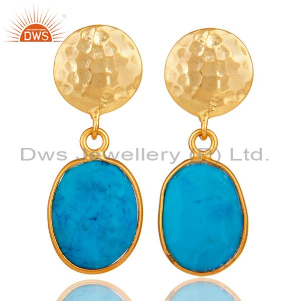 Yellow Gold Plated Sterling Silver Turquoise Cultured Bezel Set Dangle Earrings