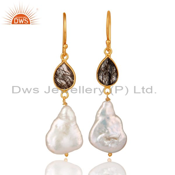 22K Yellow Gold Plated Sterling Silver Black Rutile And Pearl Drop Earrings