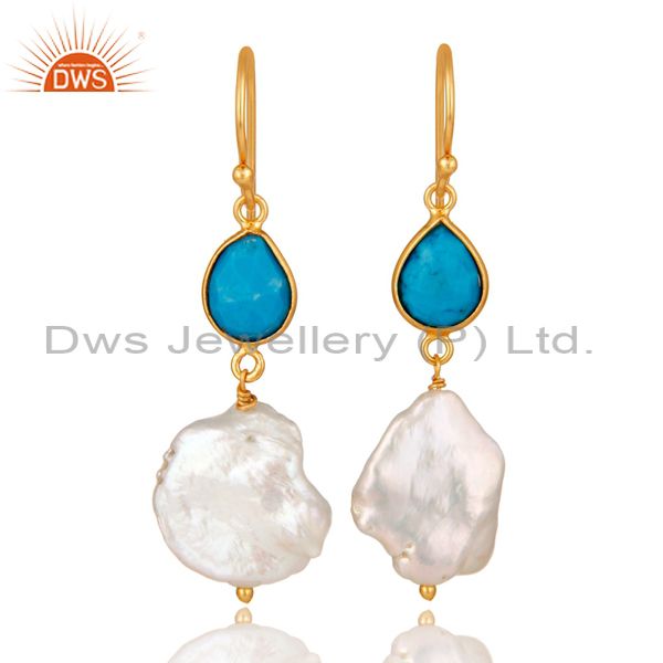 Turquoise and Pearl 22K Yellow Gold Plated Sterling Silver Drop Earrings