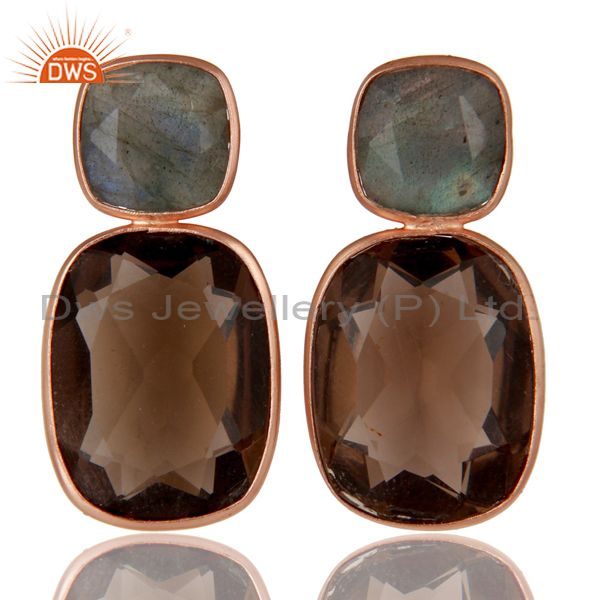14K Rose Gold Plated Sterling Silver Labradorite And Smoky Quartz Earrings