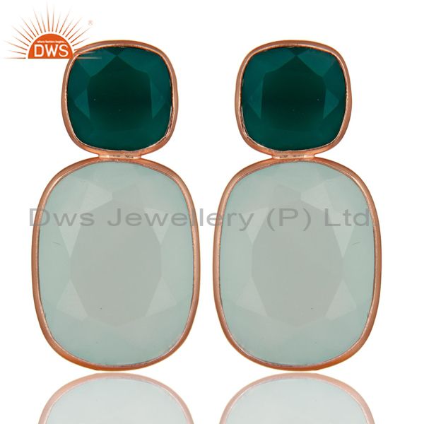 18K Rose Gold Plated Sterling Silver Green Onyx And Chalcedony Dangle Earrings