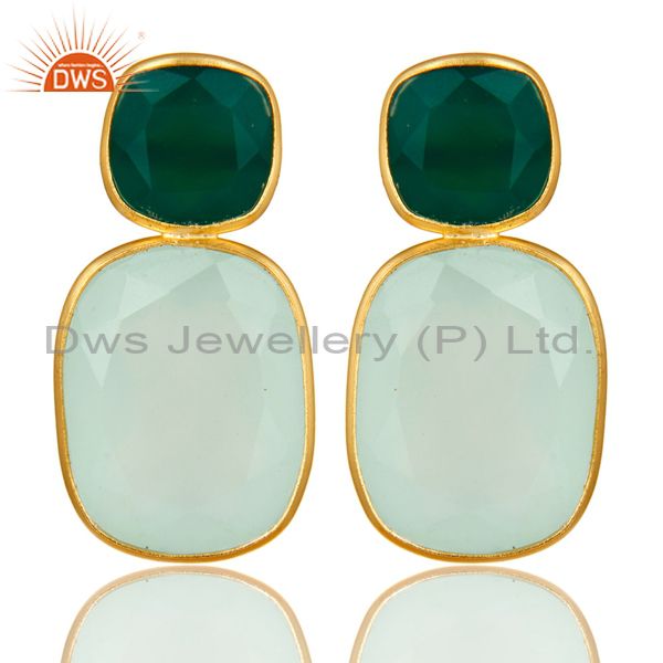 18K Yellow Gold Plated Sterling Silver Green Onyx And Chalcedony Dangle Earrings