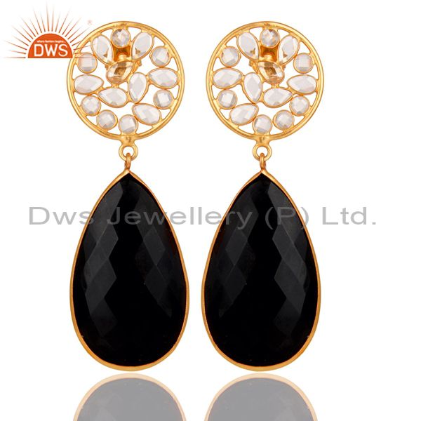 18k Gold PLated Black Onyx and CZ Sterling Silver Handmade Stud Drop Earring