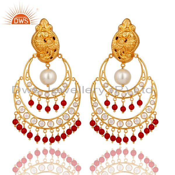 White Pearl, Coral and CZ 18K Gold Plated Sterling Silver Temple Earring Stud