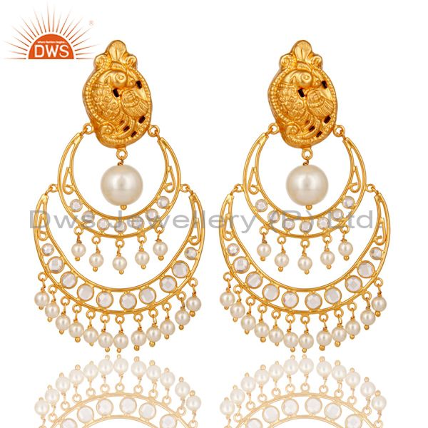 White Pearl and CZ 18K Gold Plated Sterling Silver Temple Earring Stud
