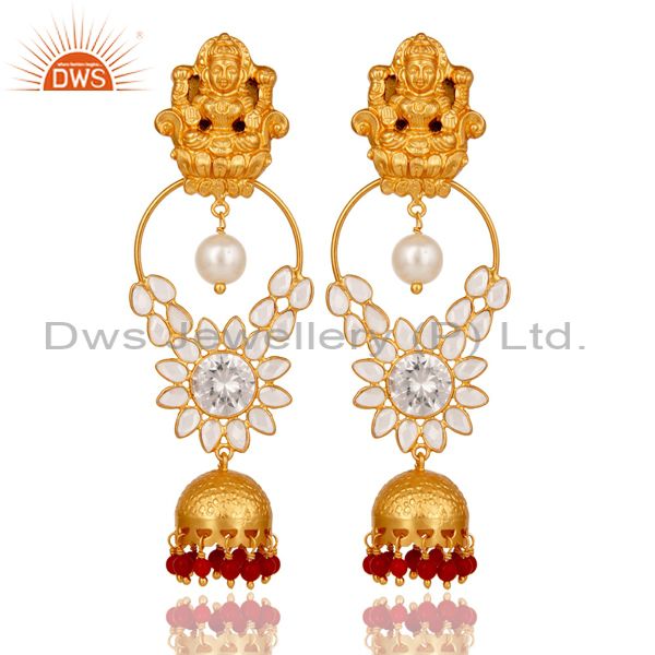 18K Gold Plated Sterling Silver Coral, Pearl and CZ Earring Temple Jewelry