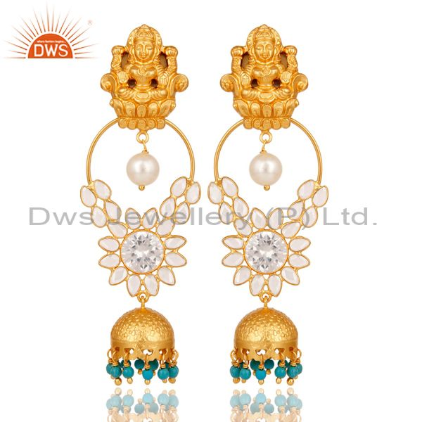 Turquoise Pearl and CZ 18K Gold Plated Sterling Silver Jhumki Temple Earring