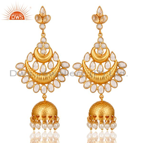 White Pearl and Cubic Zircon 18K Gold Plated Sterling Silver Jhumki Earring