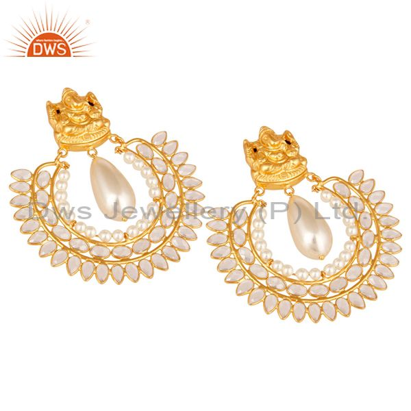 18K Gold Plated Sterling Silver Jhumki with Pearl and CZ Temple Earring