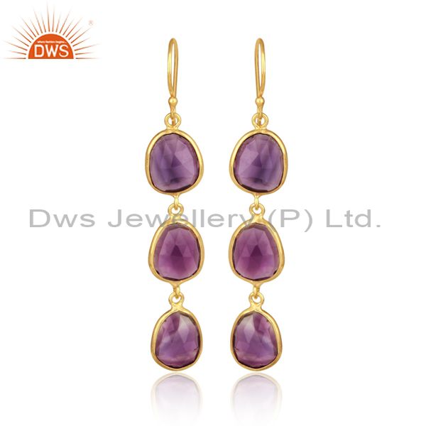 Handcrafted yellow gold on silver long dangle with amethyst