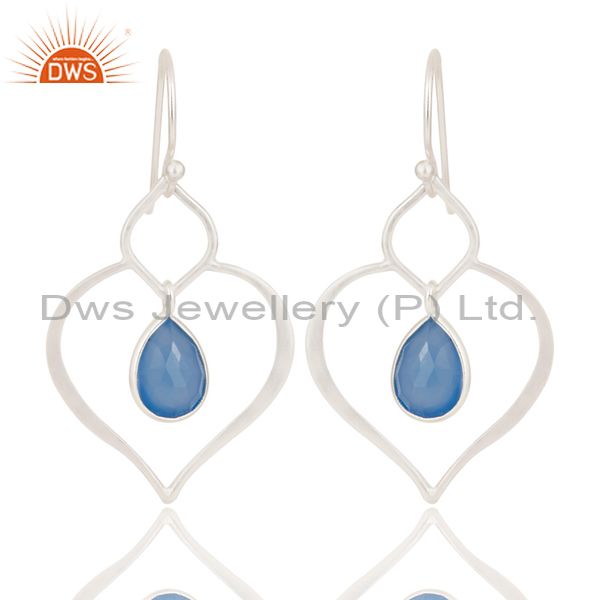 Art Deco Blue Chalcedony Solid 925 Sterling Silver Heart Shape Earrings