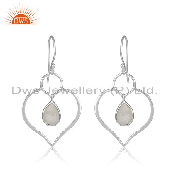 Solid 925 Sterling Silver Heart Shape Design Rainbow Moonstone Dangle Earrings