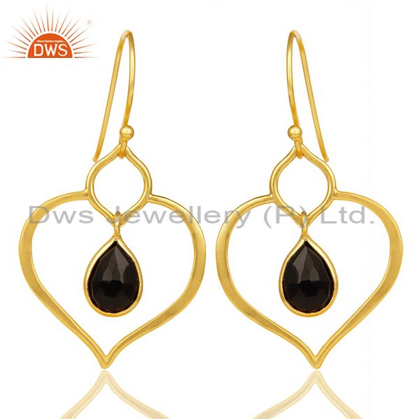 Black Onyx Dangle Heart Hoop 14K Gold Plated 92.5 sterling Silver Earring