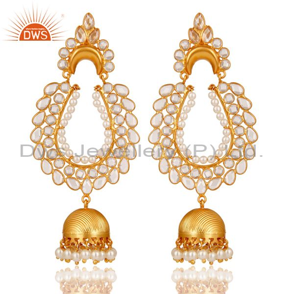 Pearl and Zircon 18K Gold Plated Sterling Silver Jhumka Earring