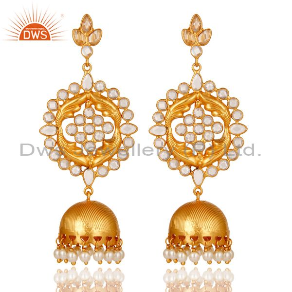 Zircon and 18K Gold Plated Sterling Silver Traditional Jhumka Earring