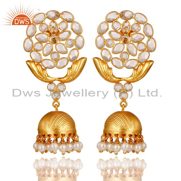 Zircon and Pearl 18K Gold Plated Sterling Silver Traditional Jhumka Earring