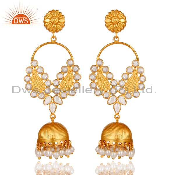 Pearl and CZ 18K Gold Plated Sterling Silver Jhumka Traditional Earring