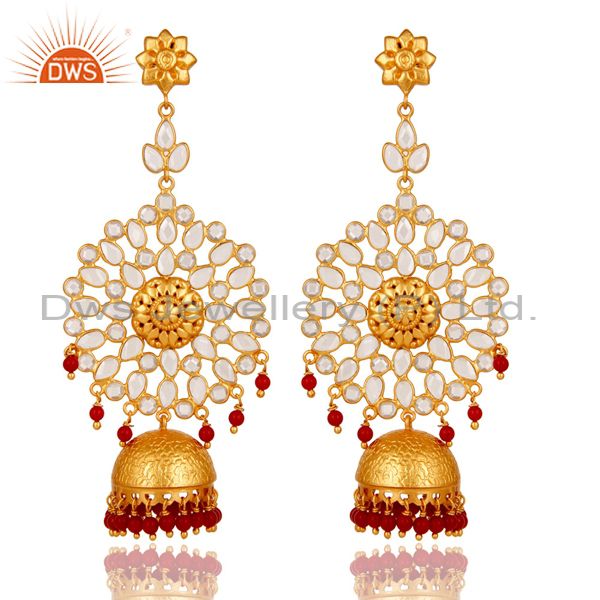 Zircon and Coral 18K Gold Plated Sterling Silver Traditional Jhumka Earring
